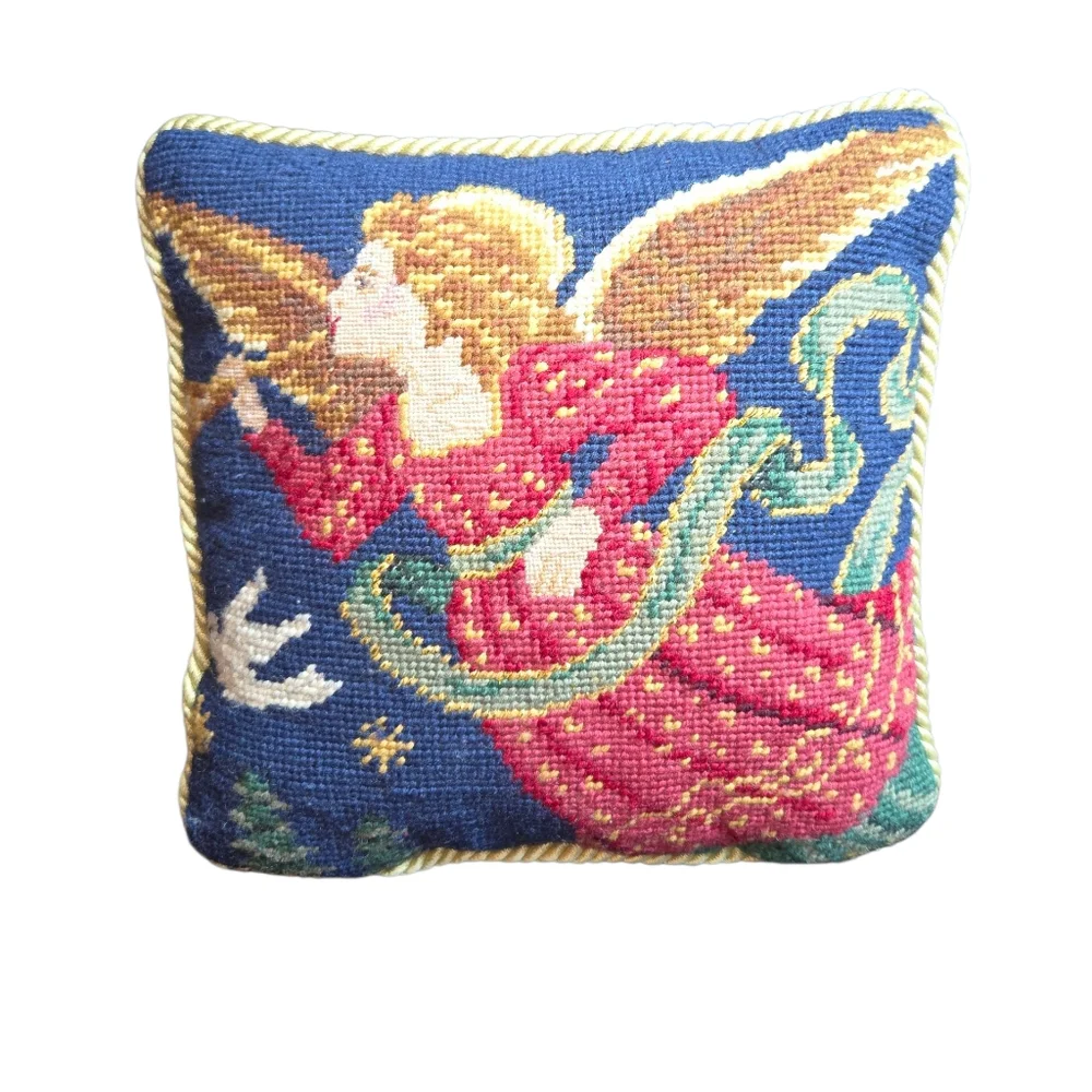 Vintage Angel Needlepoint Tapestry Velvet Backed Gold Braid Edged Pillow 10